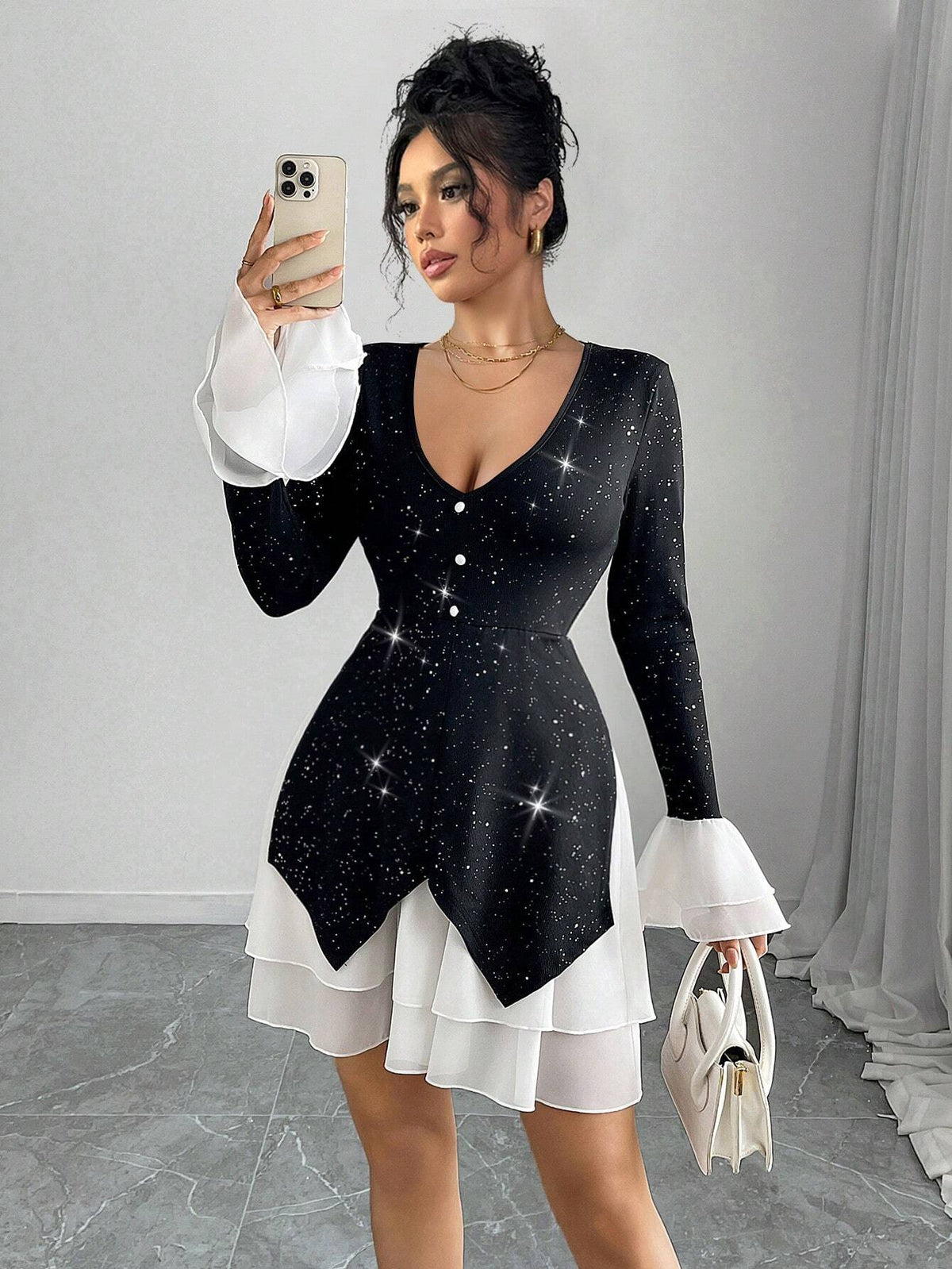 Women Elegant Glitter Fabric Contrast Color Flare Sleeve Mini Dress, Long Sleeve