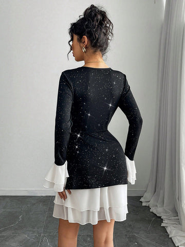 Women Elegant Glitter Fabric Contrast Color Flare Sleeve Mini Dress, Long Sleeve