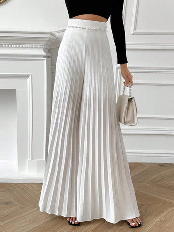 Privé Women Elegant Pearl Decorated Pleated Wide Leg Pants For Summer Vacation