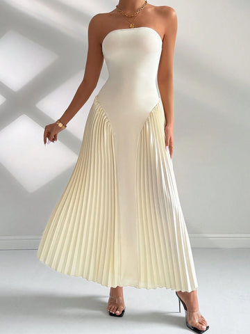 Women Elegant Pleated Tight-Fitting A-Line Dress Free People Back To School Clothes