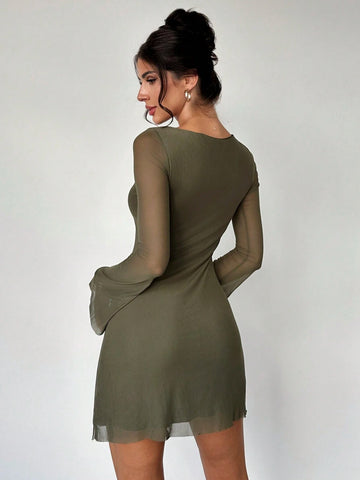 Women Elegant Sexy Mini Dress Olive Green Boat Neck Flared Sleeves Waist Fitted A-Line Mini Dress
