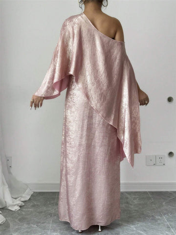 Women Elegant Shiny Fabric Asymmetrical Extra Long Dress