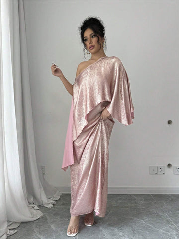 Women Elegant Shiny Fabric Asymmetrical Extra Long Dress