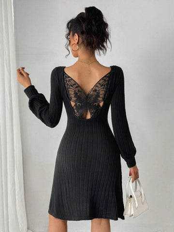 Women Elegant Short Dress With Mesh Butterfly Embroidery Patchwork Long Sleeve