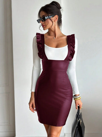 Women Elegant Simple Commuter Old Coin Fashion Ruffle Leather White Black Suspender Dress