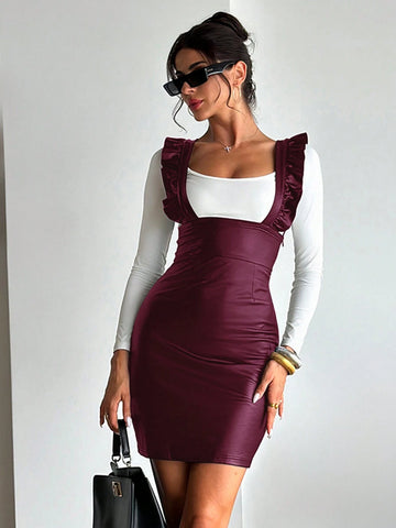 Women Elegant Simple Commuter Old Coin Fashion Ruffle Leather White Black Suspender Dress