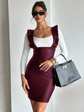 Women Elegant Simple Commuter Old Coin Fashion Ruffle Leather White Black Suspender Dress