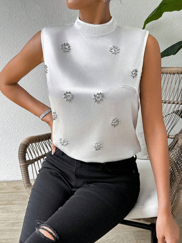Privé Women Elegant Sleeveless Shirt With Rhinestone Decoration