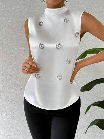 Privé Women Elegant Sleeveless Shirt With Rhinestone Decoration
