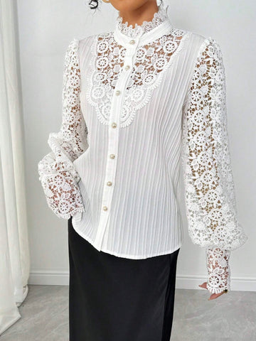 Privé Women Elegant Solid Color Lace Patchwork Stand Collar Lantern Sleeve Shirt, Autumn