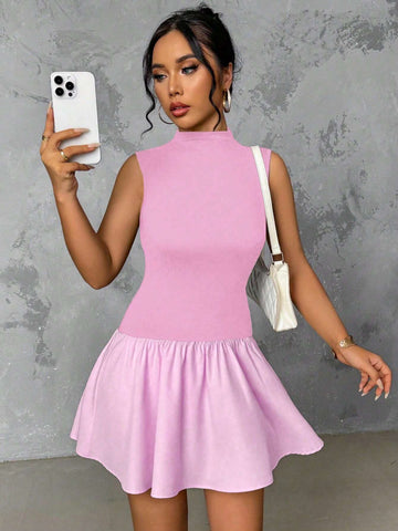 Women Elegant Solid Color Stand Collar Ruffle Hem Slim Fit Short Dress, Summer