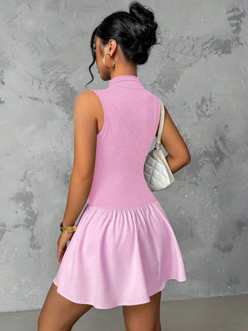 Women Elegant Solid Color Stand Collar Ruffle Hem Slim Fit Short Dress, Summer