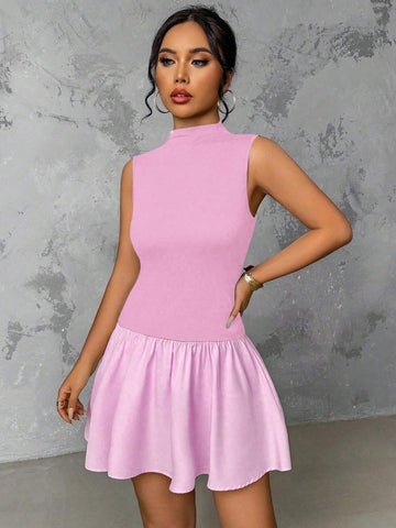 Women Elegant Solid Color Stand Collar Ruffle Hem Slim Fit Short Dress, Summer