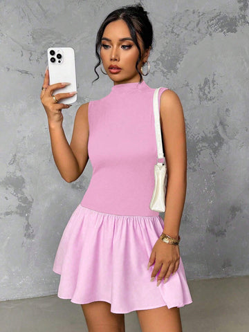 Women Elegant Solid Color Stand Collar Ruffle Hem Slim Fit Short Dress, Summer