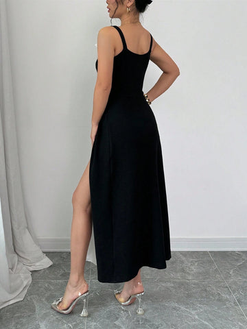 Women Elegant Solid Contrast Color Spaghetti Strap Sweetheart Neck Ruffle Trim Slit Hem