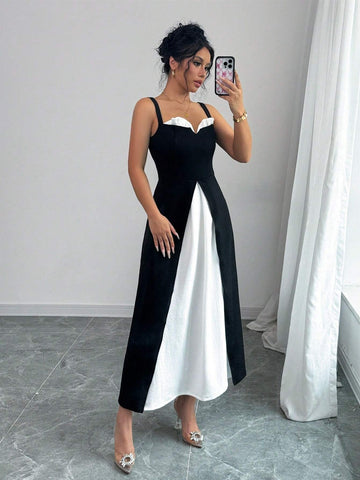 Women Elegant Solid Contrast Color Spaghetti Strap Sweetheart Neck Ruffle Trim Slit Hem