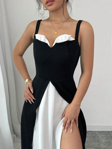 Women Elegant Solid Contrast Color Spaghetti Strap Sweetheart Neck Ruffle Trim Slit Hem