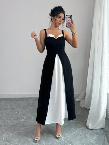 Women Elegant Solid Contrast Color Spaghetti Strap Sweetheart Neck Ruffle Trim Slit Hem
