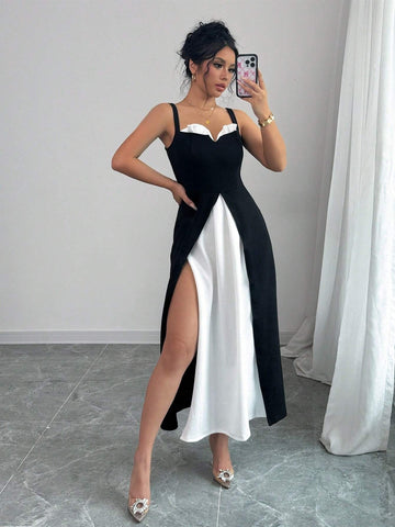 Women Elegant Solid Contrast Color Spaghetti Strap Sweetheart Neck Ruffle Trim Slit Hem