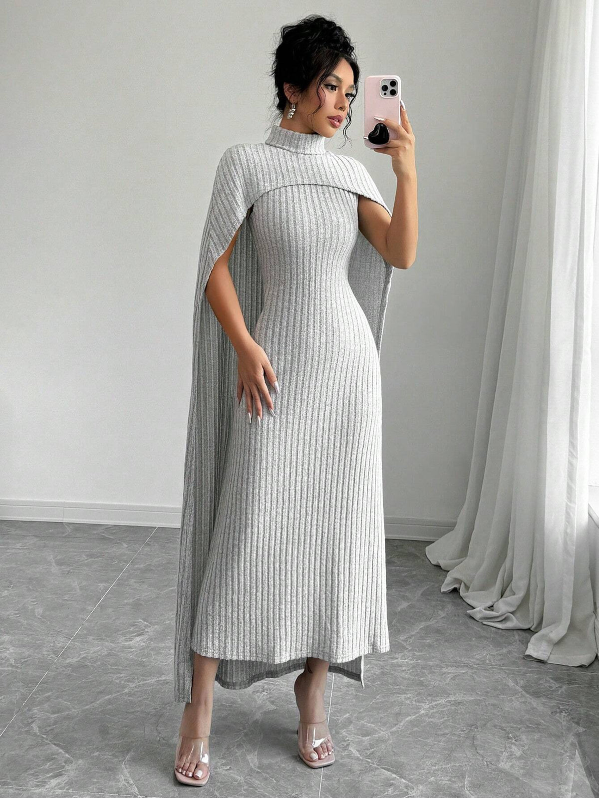 Women Elegant Stand Collar Dolman Sleeve Dress