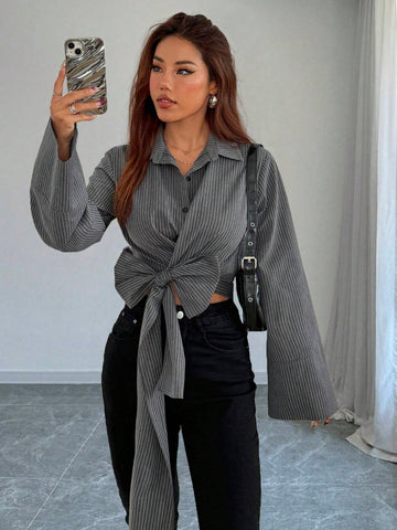 Privé Women Elegant Striped Criss-Cross Tie Front Long Sleeve Blouse