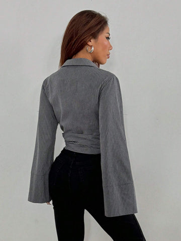 Privé Women Elegant Striped Criss-Cross Tie Front Long Sleeve Blouse