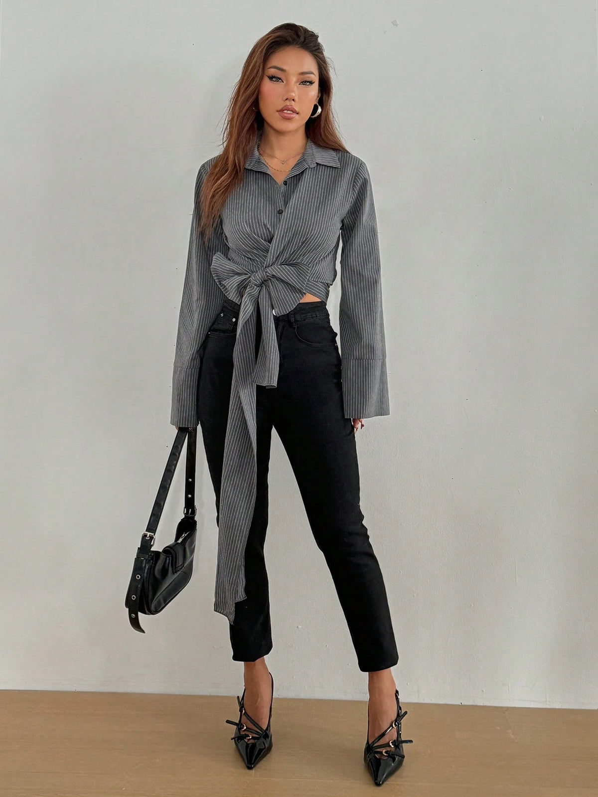 Privé Women Elegant Striped Criss-Cross Tie Front Long Sleeve Blouse