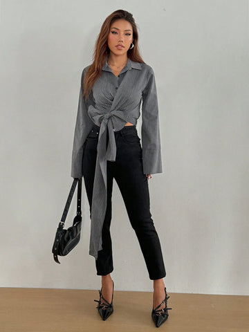 Privé Women Elegant Striped Criss-Cross Tie Front Long Sleeve Blouse