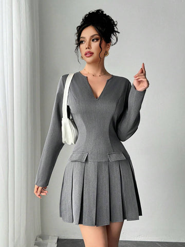Women Elegant V-Neck Pleated Casual Mini Dress