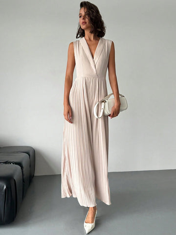 Women Elegant Vacation Office Casual Fashion Squareneck Pleated Waist Wide Leg Jumpsuit Without Belt Work Women