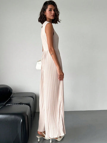 Women Elegant Vacation Office Casual Fashion Squareneck Pleated Waist Wide Leg Jumpsuit Without Belt Work Women