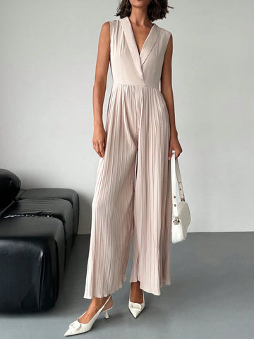 Women Elegant Vacation Office Casual Fashion Squareneck Pleated Waist Wide Leg Jumpsuit Without Belt Work Women