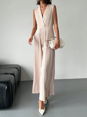 Women Elegant Vacation Office Casual Fashion Squareneck Pleated Waist Wide Leg Jumpsuit Without Belt Work Women