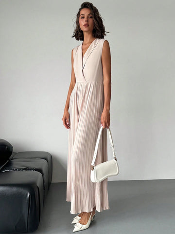 Women Elegant Vacation Office Casual Fashion Squareneck Pleated Waist Wide Leg Jumpsuit Without Belt Work Women