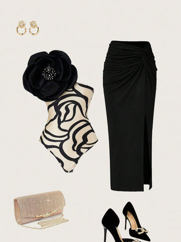 Women Exaggerated 3D Floral Decor One Shoulder Sleeveless Jumpsuit And Pleated Skirt Gorgeous Elegant 2pcs Set