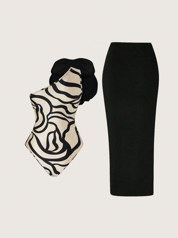 Women Exaggerated 3D Floral Decor One Shoulder Sleeveless Jumpsuit And Pleated Skirt Gorgeous Elegant 2pcs Set