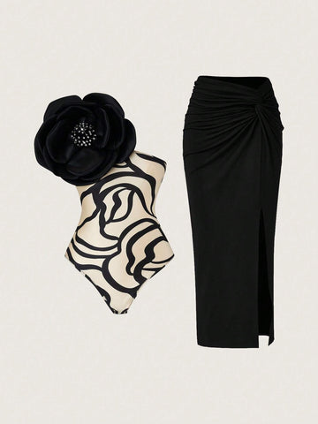 Women Exaggerated 3D Floral Decor One Shoulder Sleeveless Jumpsuit And Pleated Skirt Gorgeous Elegant 2pcs Set