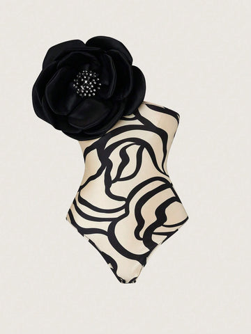 Women Exaggerated 3D Floral Decor One Shoulder Sleeveless Jumpsuit And Pleated Skirt Gorgeous Elegant 2pcs Set