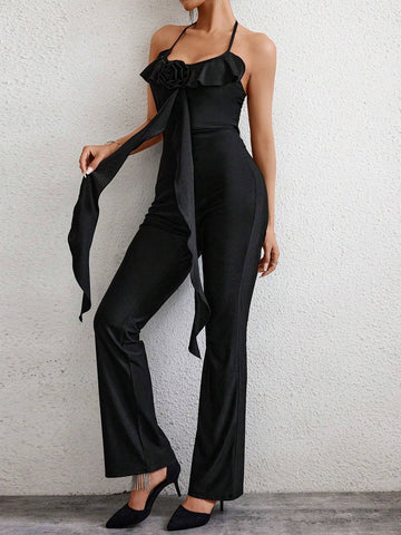 Women Fashion Irregular Cut One-Piece Jumpsuit With 3D Flower Design