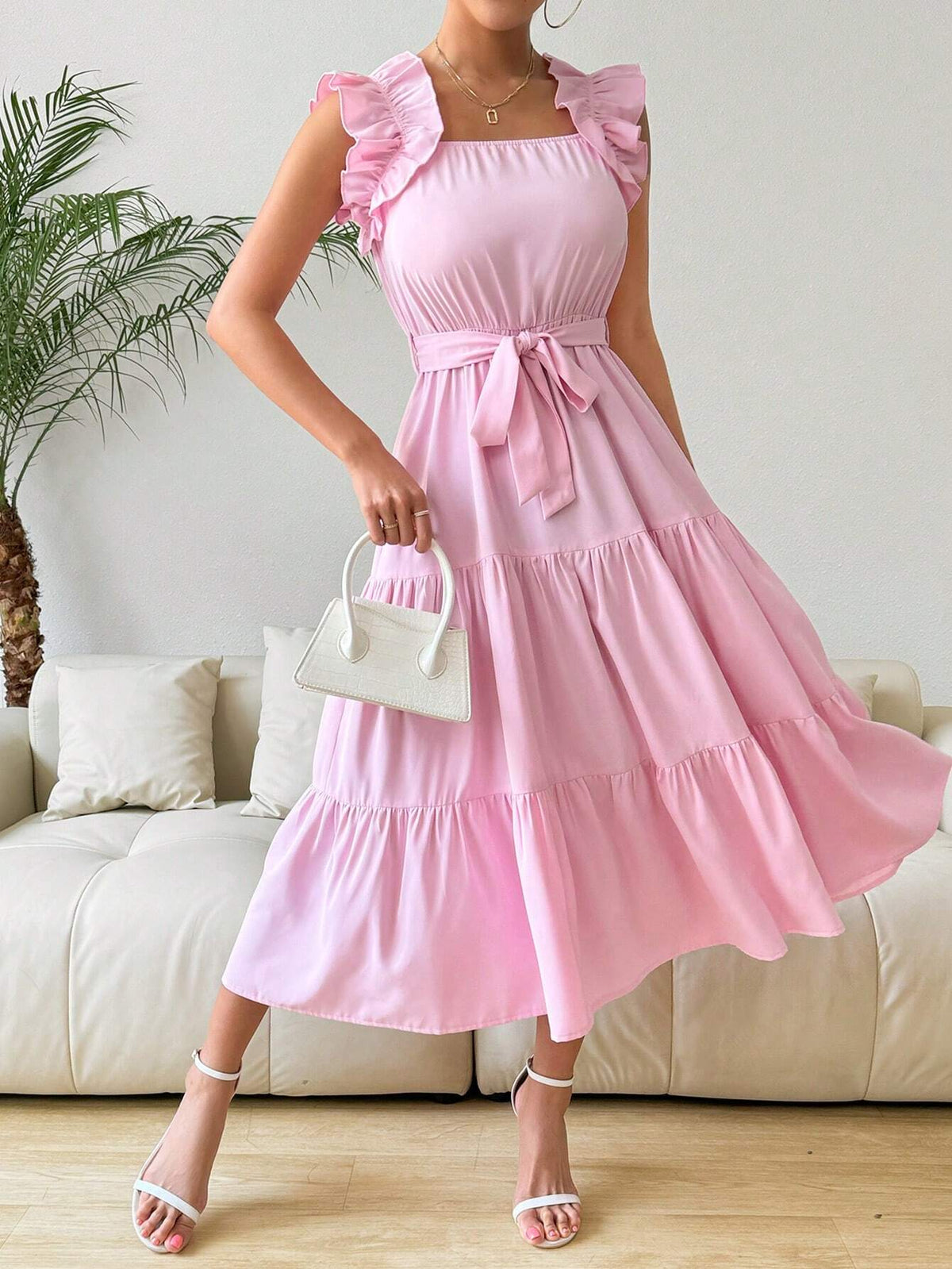 Women Fashion Solid Color Ruffled Sleeve Dress