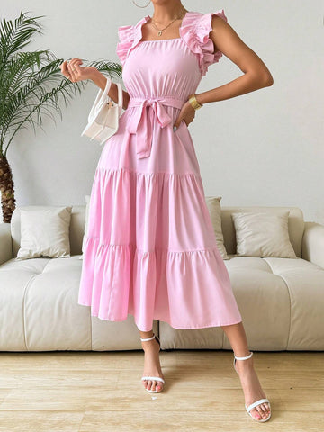 Women Fashion Solid Color Ruffled Sleeve Dress