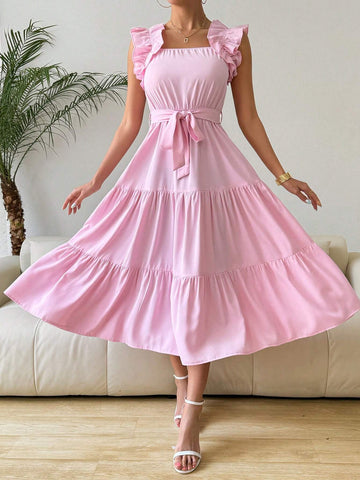 Women Fashion Solid Color Ruffled Sleeve Dress