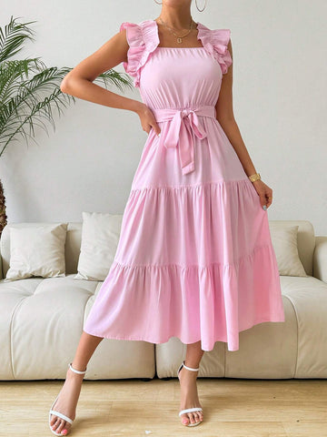 Women Fashion Solid Color Ruffled Sleeve Dress