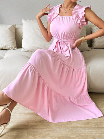 Women Fashion Solid Color Ruffled Sleeve Dress