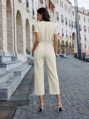 Women Solid Color Simple Style High Waist Cropped Jumpsuit