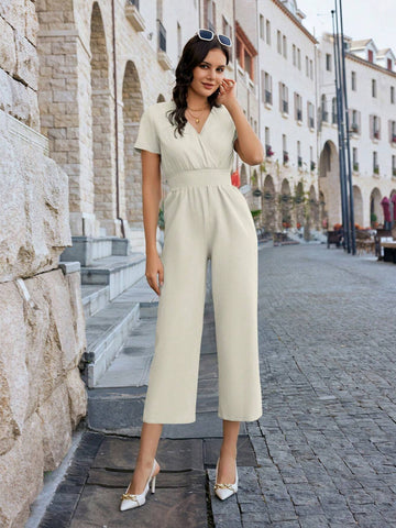 Women Solid Color Simple Style High Waist Cropped Jumpsuit