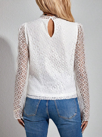 Privé Women Fashionable Elegant Stand Collar Lace Long Sleeve Shirt