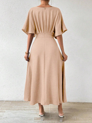 Women Fashionable Simple Pure Color Elegant V-Neck Dress