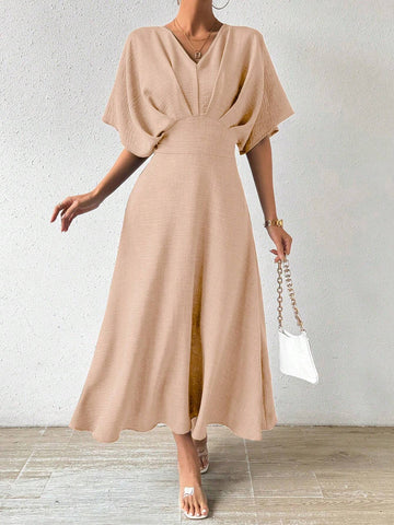 Women Fashionable Simple Pure Color Elegant V-Neck Dress
