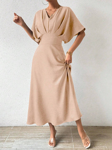 Women Fashionable Simple Pure Color Elegant V-Neck Dress
